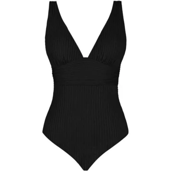 Women's One Piece Swimsuit V Neck Ruched Ribbed Twist Back Wide Straps